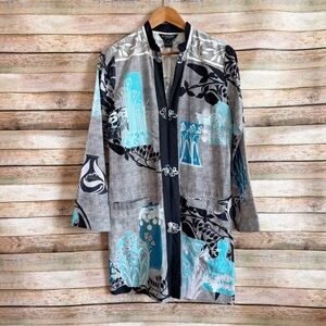 Citron Santa Monica Vase Asian Floral Silk Linen Frog Button Down Tunic Top S